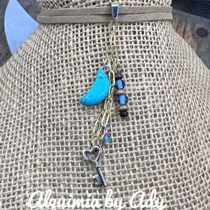 Alquimia Blue turquoise crescent moon and Silver Key Pendant Necklace